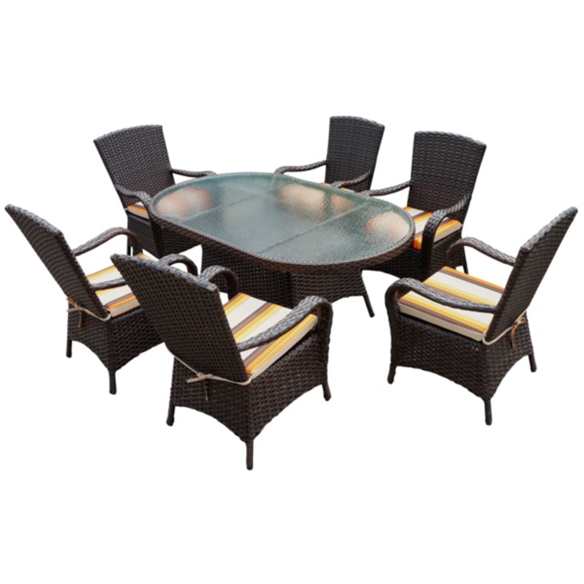 V Brand New BROWN RATTAN OVAL 180CM TABLE SET WITH 6 CHAIRS & LUXURY OUTDOOR PERFORMANCE CUSHIONS