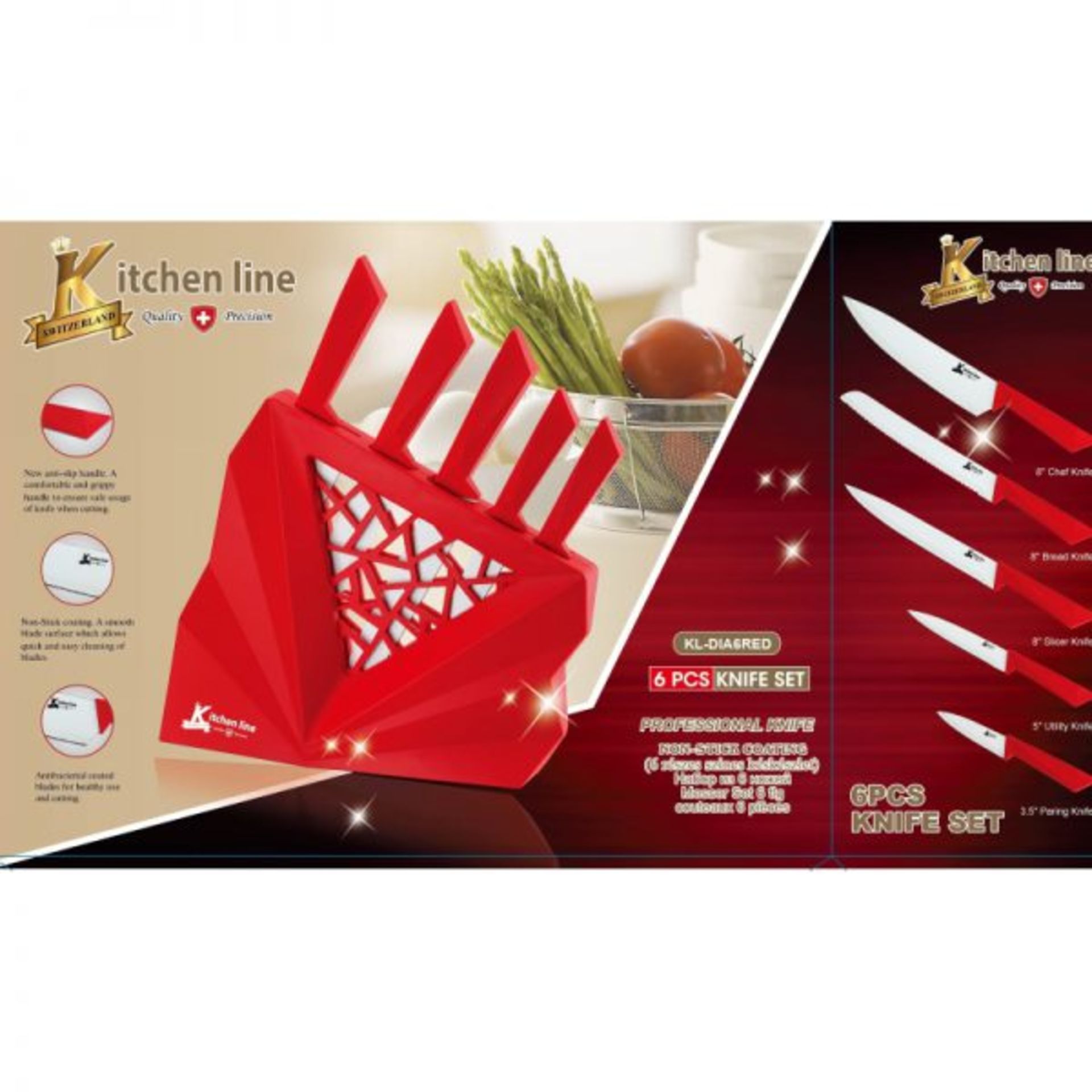 V Brand New Kitchen Line Switzerland 6 Piece Knife Set With Includes 8" Chef Knife/8" Bread Knife/