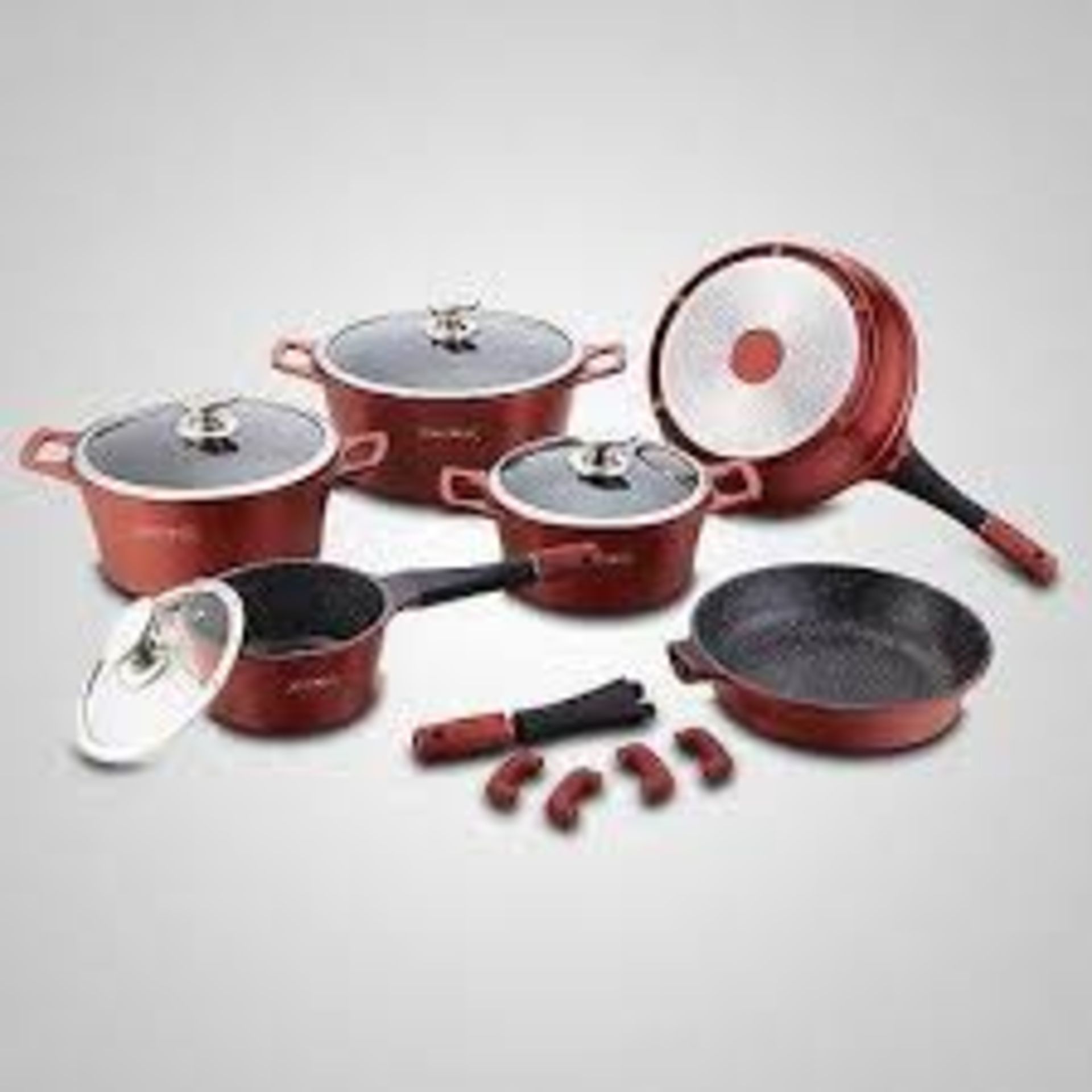 V Brand New Ten Piece Forged Marble Saucepan Set Including Two Frying Pans-Stock Pots ETC X 2 YOUR