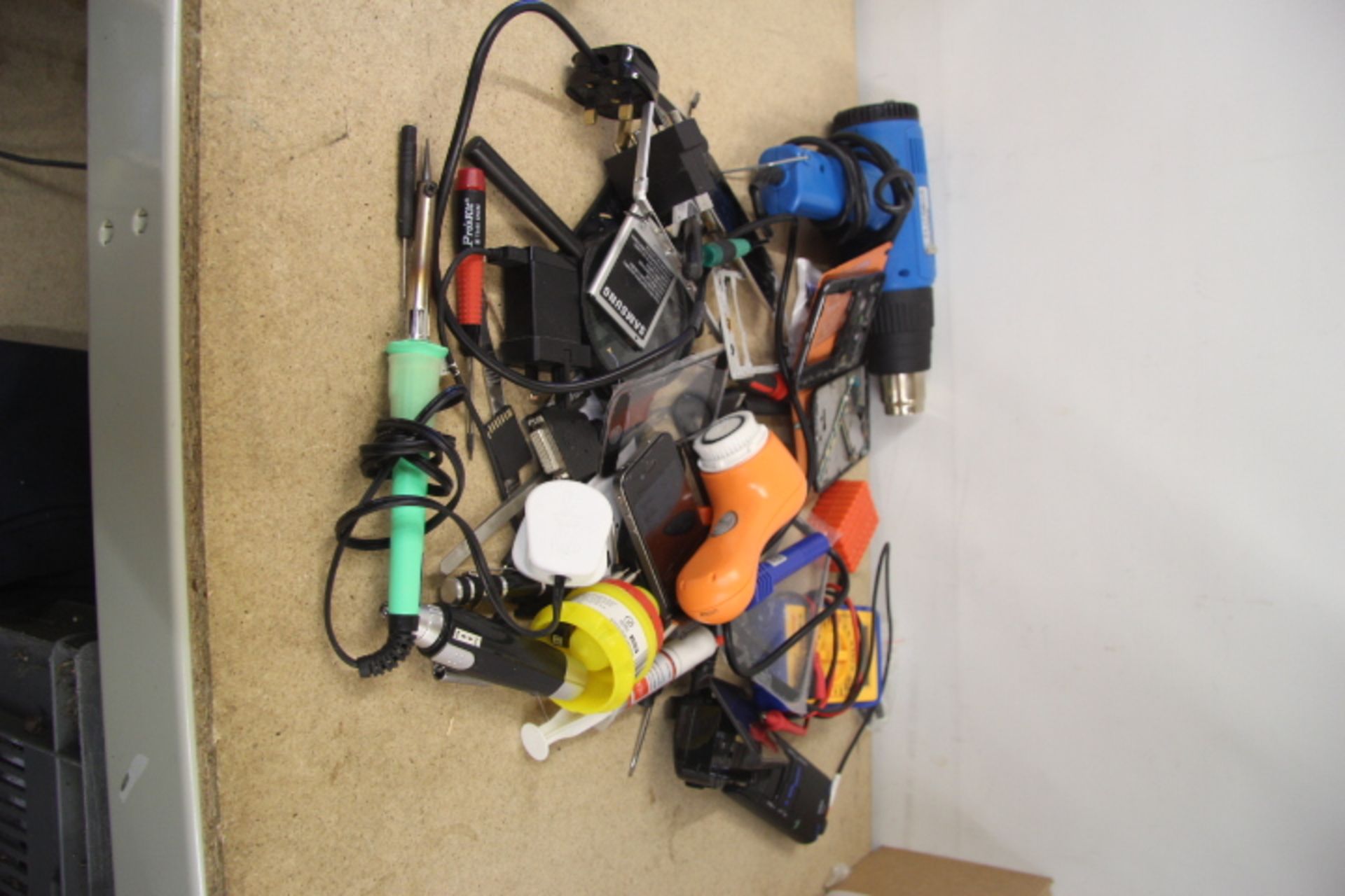 Grade U Box Containing Mobile Phone Parts - Hot Air Gun - Circuit Tester - And Other Tools