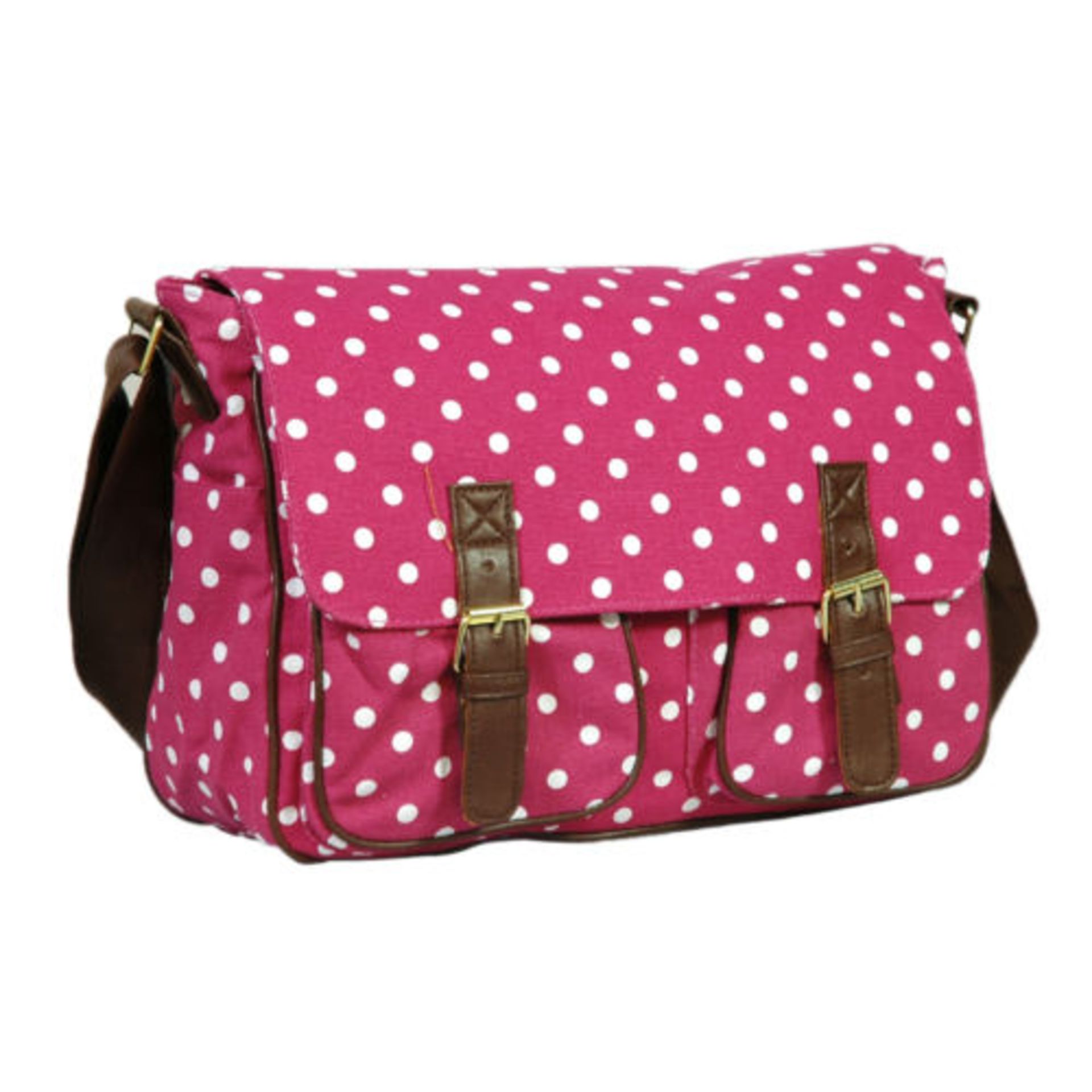 V Brand New Elizabeth Rose Polka Dot Pink/White Satchel Handbag - Brown Leather Straps