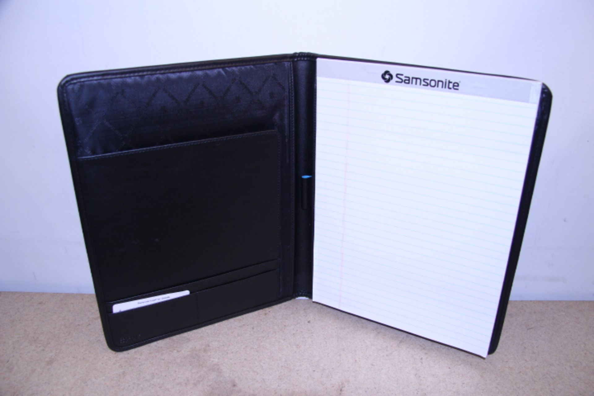 V Brand New Samsonite Black Leather & Canvas Executive Folder With-Pen Pocket-Card Pockets-Writing