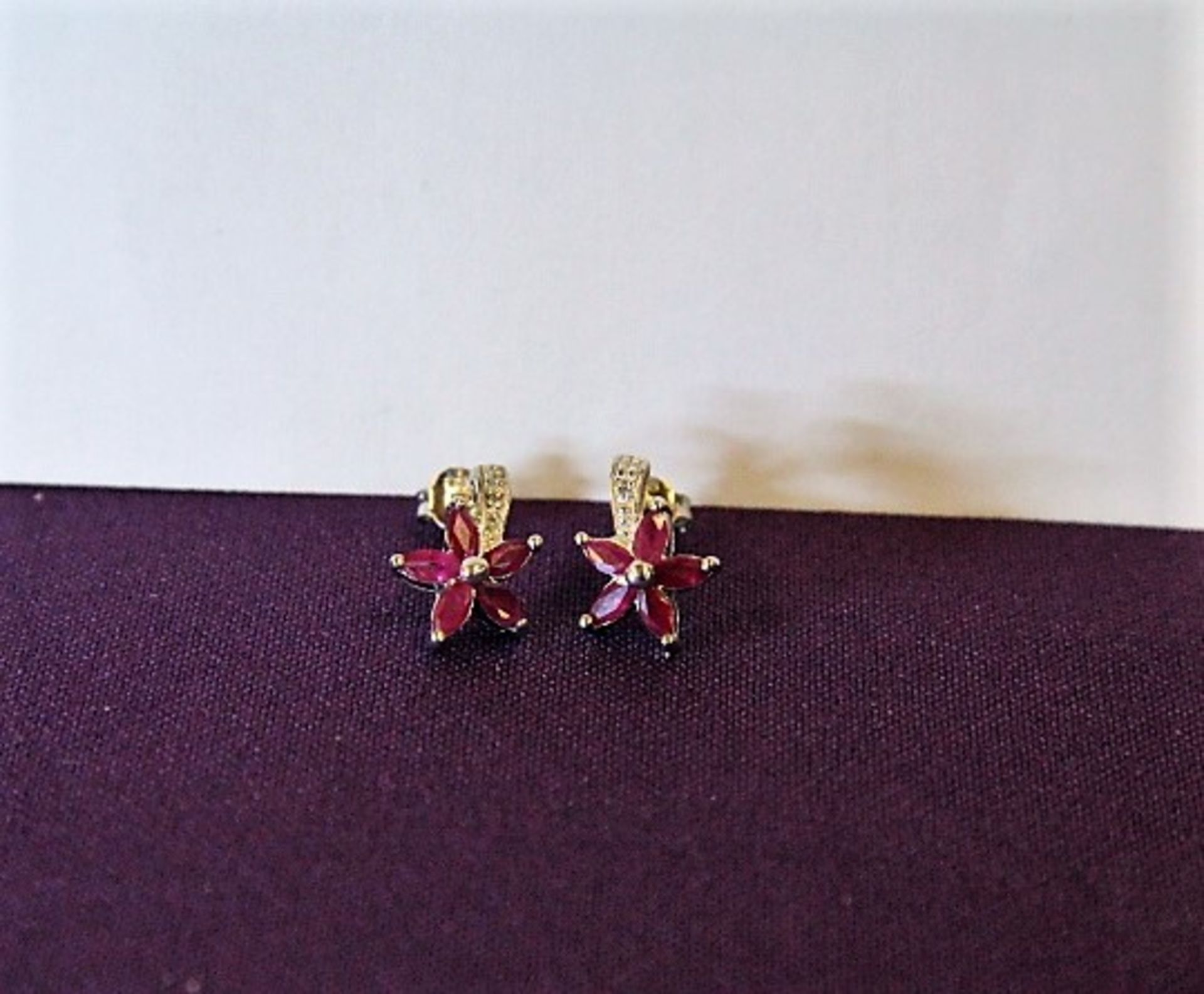 Brand New Pair Ruby & Diamond Flower shape Earrings