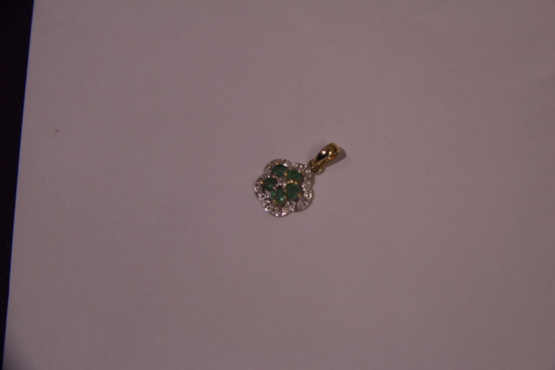 Brand New Yellow Gold Emerald & Diamond Flower Pendant