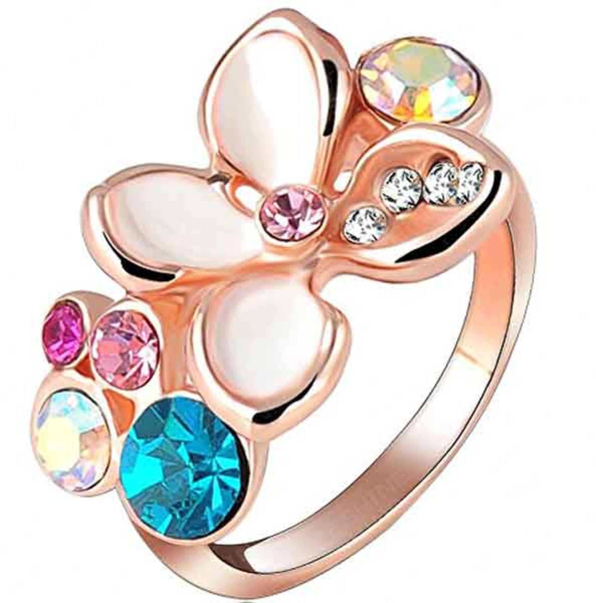 V Brand New Rose Gold Plated White Enamel and Austrian Crystal Ladies Ring