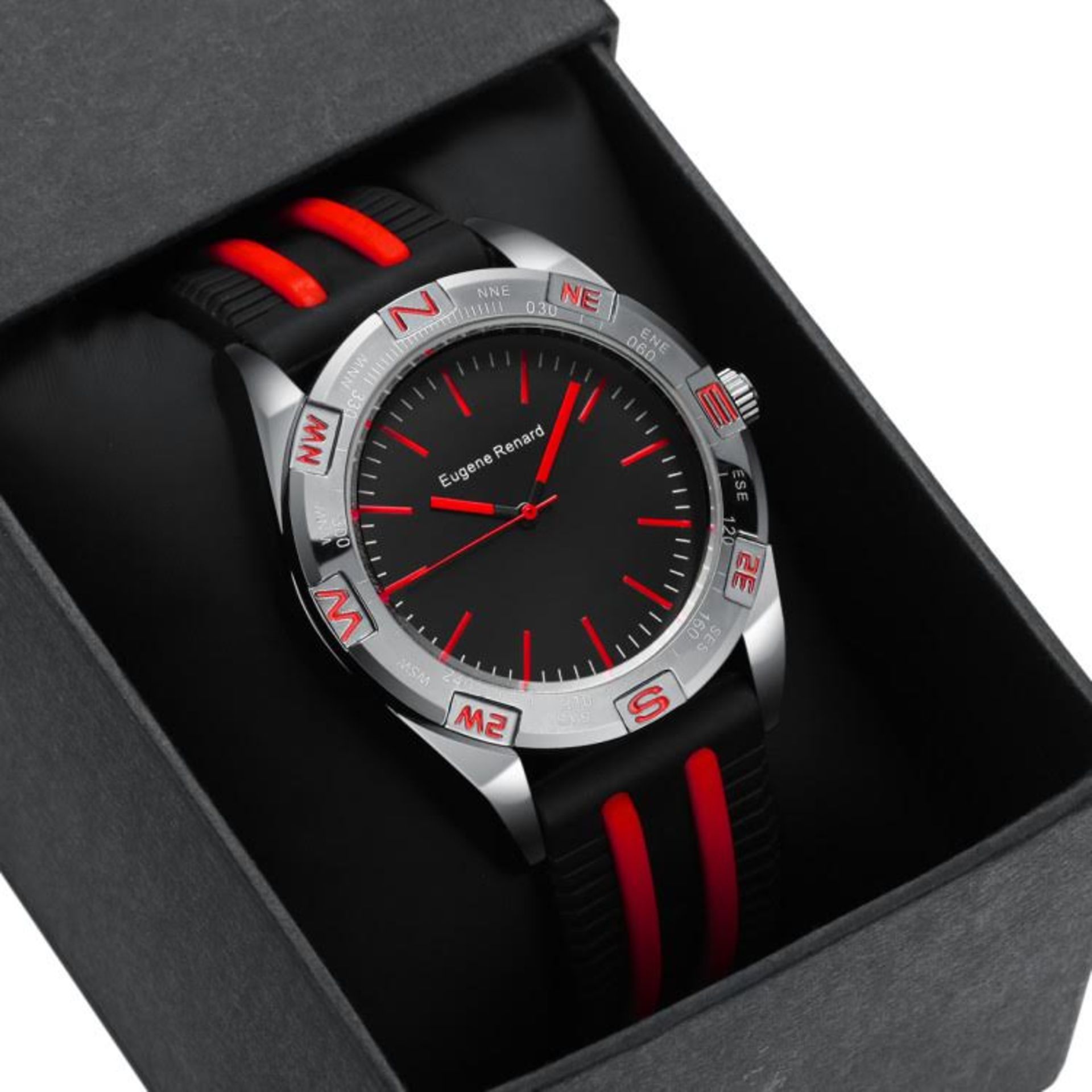 V Brand New Gents Eugene Renard Timepiece Model X - Black Face - Red Indices - Red/Black Sports