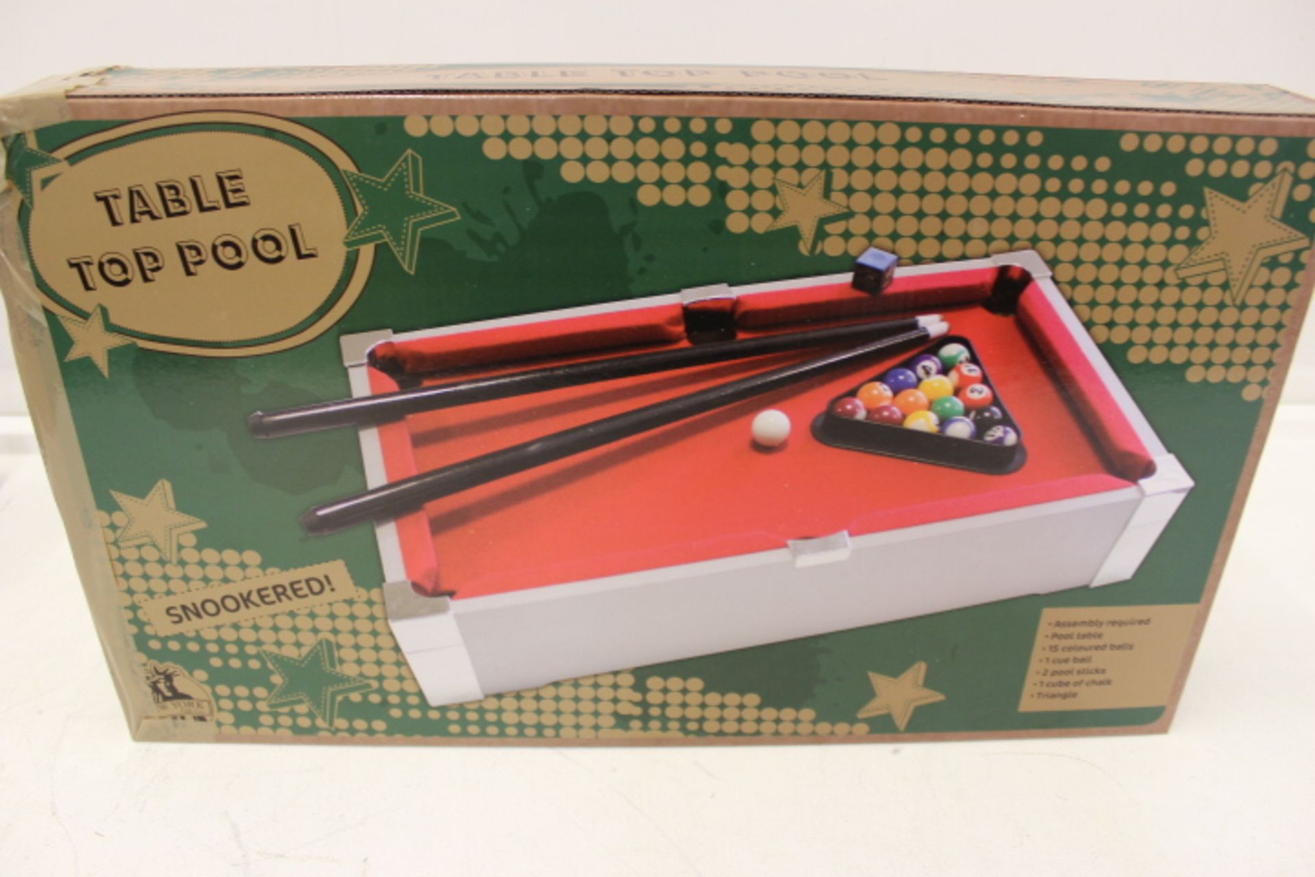 V Grade C Table Top Pool Inc Table, 15 colour balls, 2 pool sticks