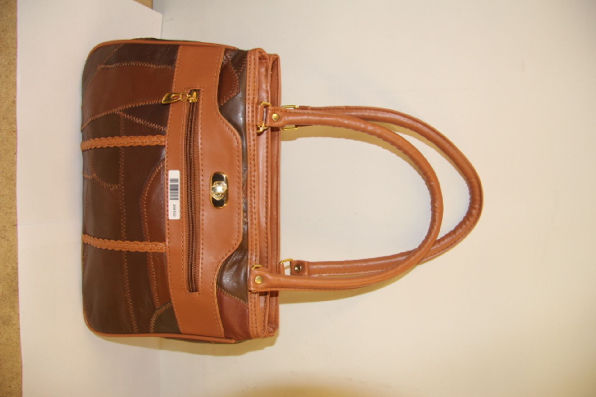 V Ladies Brown & Tan Leather Patchwork Hand Bag With Shoulder Strap