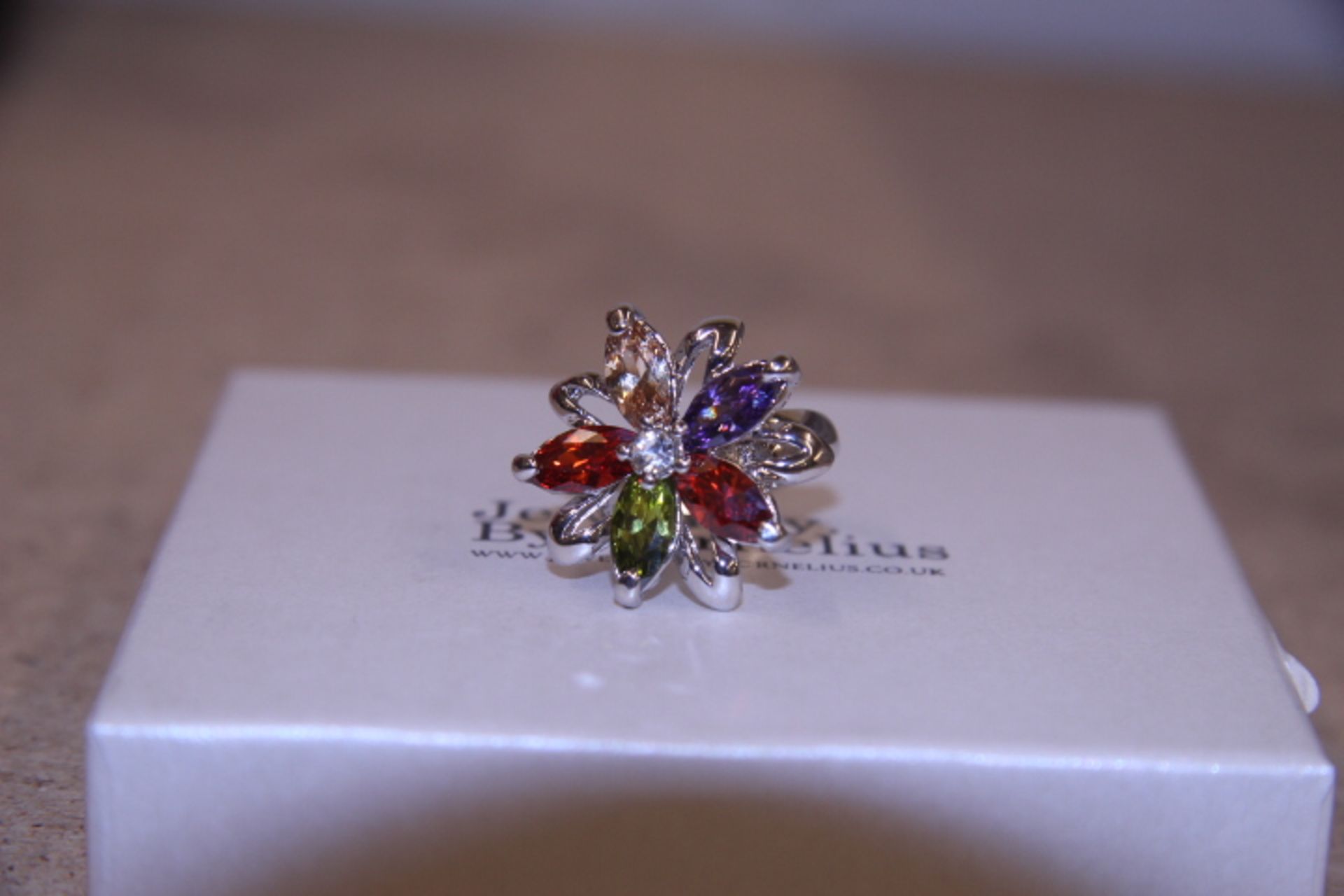 V Brand New Platinum Plated Multi Stone Flower Shape Ring