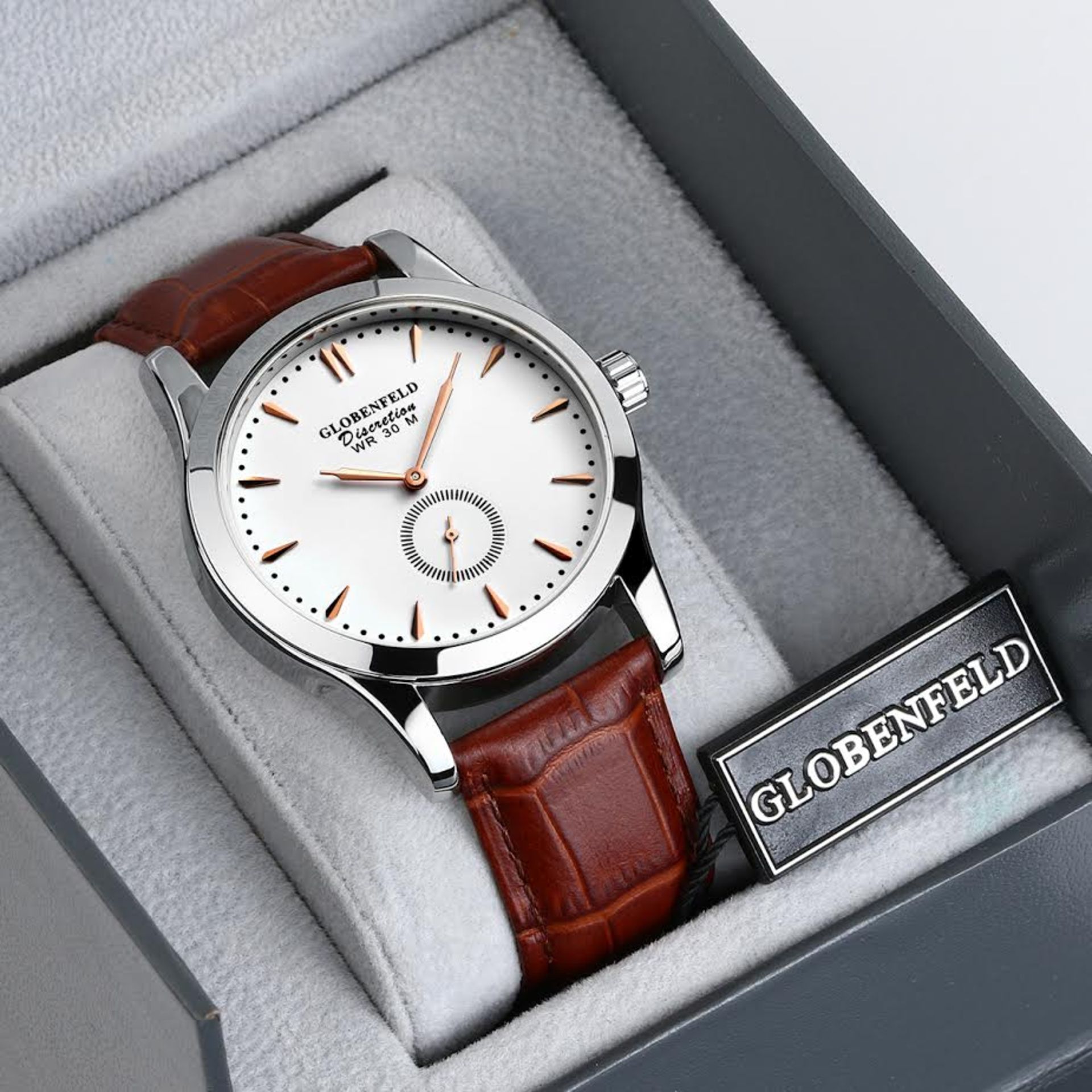 V Brand New Gents Globenfeld Discretion White Face - Brown Leather Strap with Box and Papers SRP