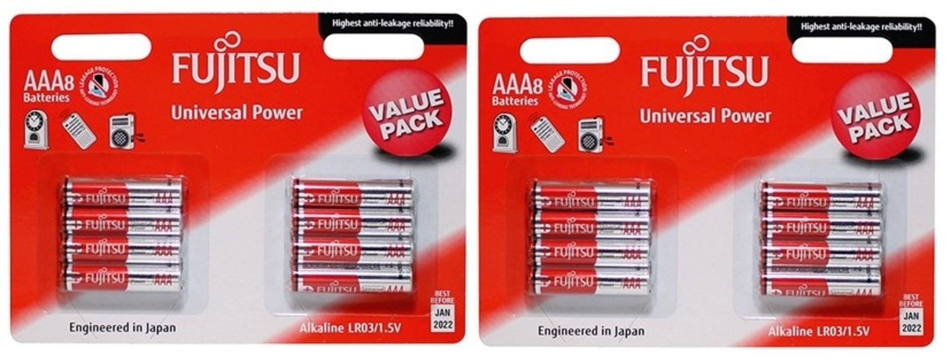 V *TRADE QTY* Brand New Two Packs of Eight Fujitsu AAA Universal Power Batteries (16 In Total)