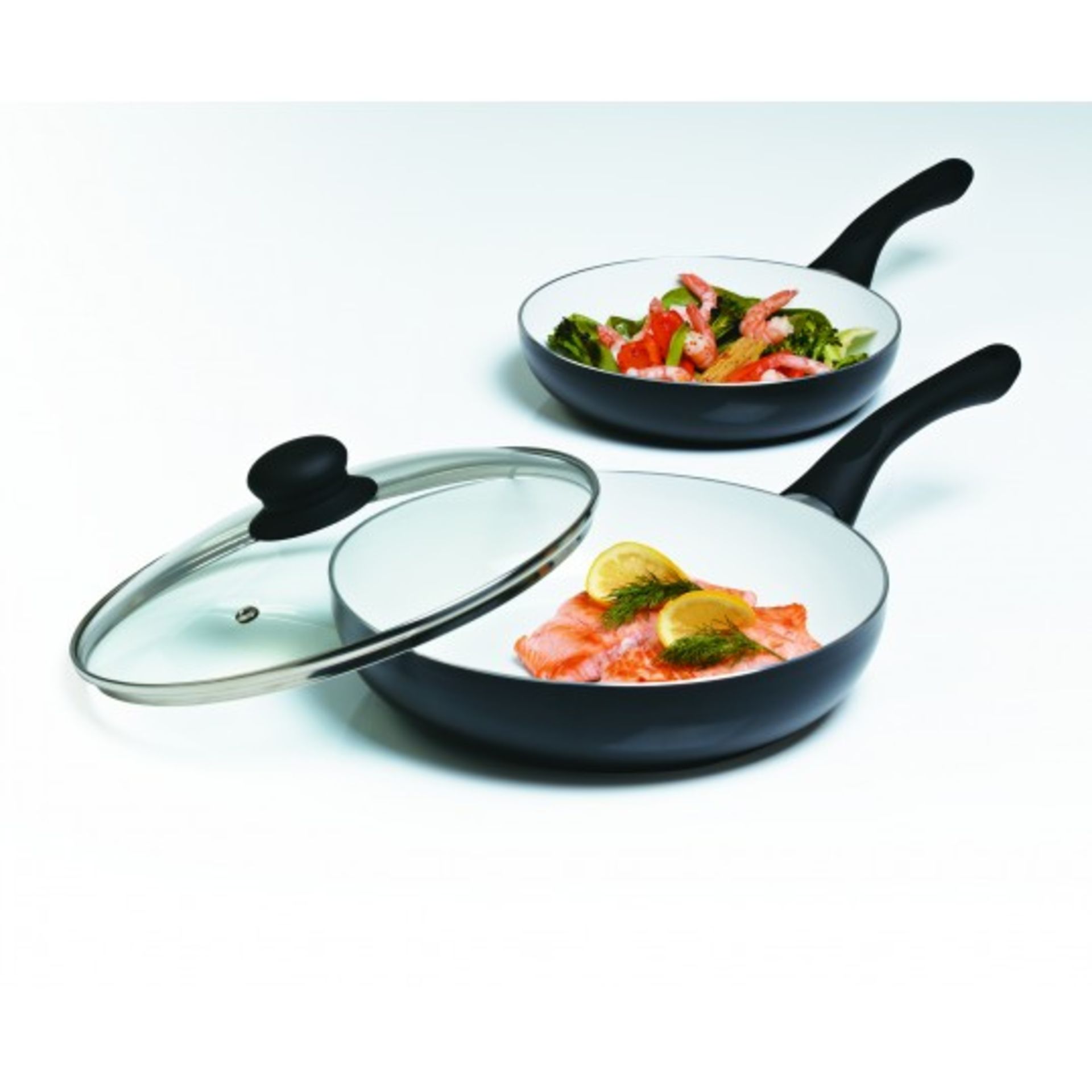 V *TRADE QTY* Brand New Three Piece Black Cermalon Frying Pan Set With Lid ISP £19.99 (Qudos Direct)