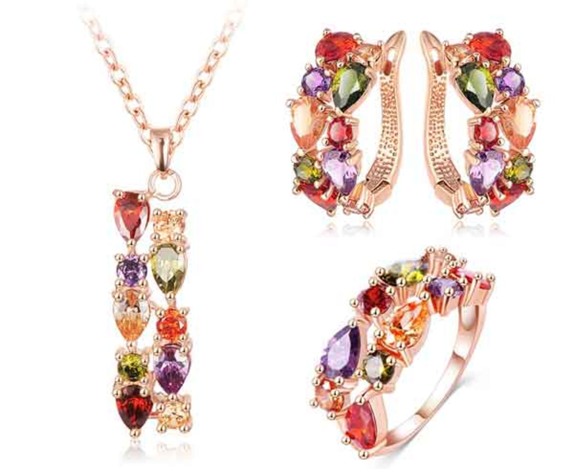 V Brand New Rose Gold Plated Multi Stone Necklace Earing and Ring Set
