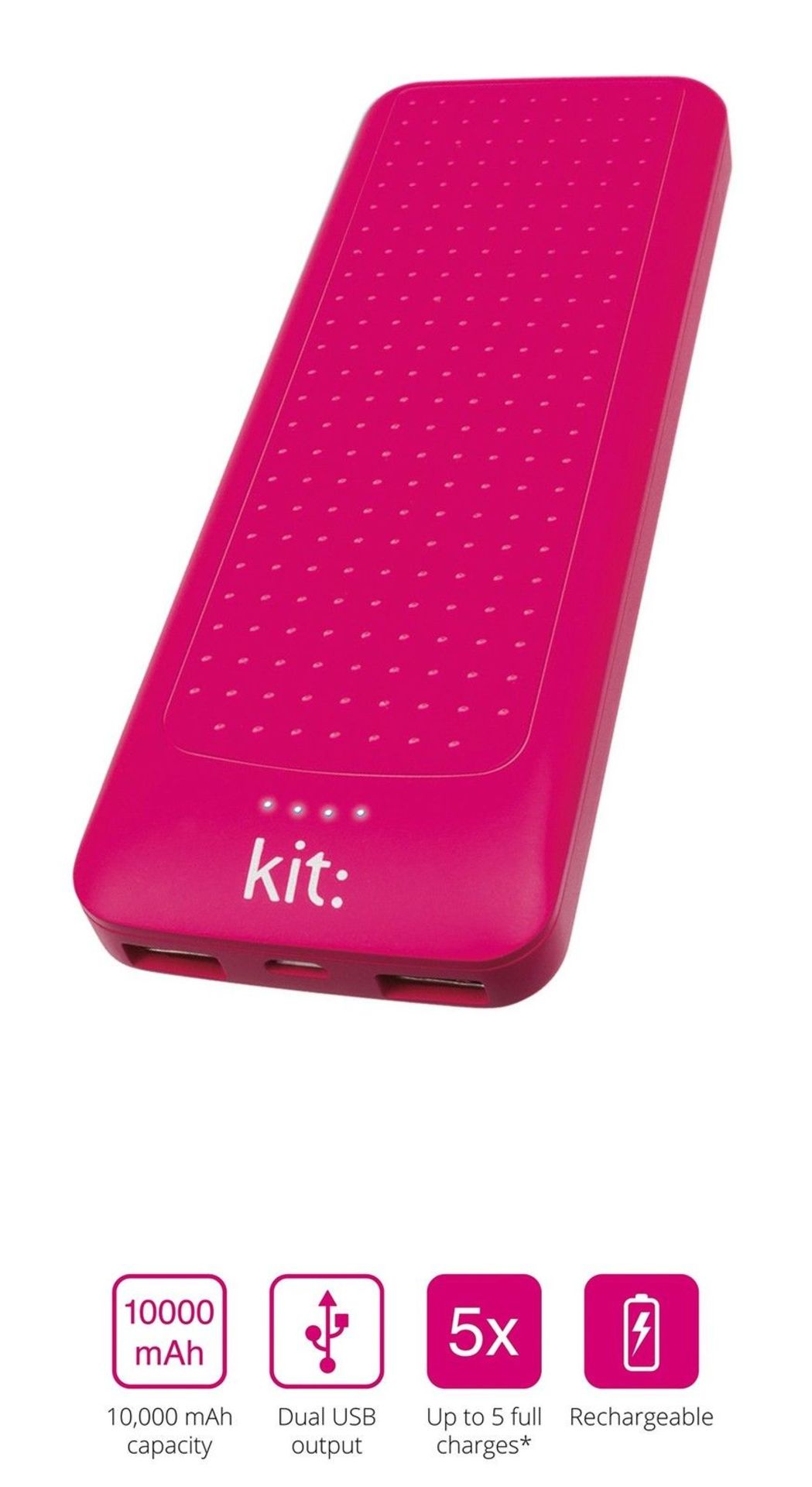 V *TRADE QTY* Brand New Kit Essentials 10000mAh Universal Power Bank with Two USB Ports - Pink -