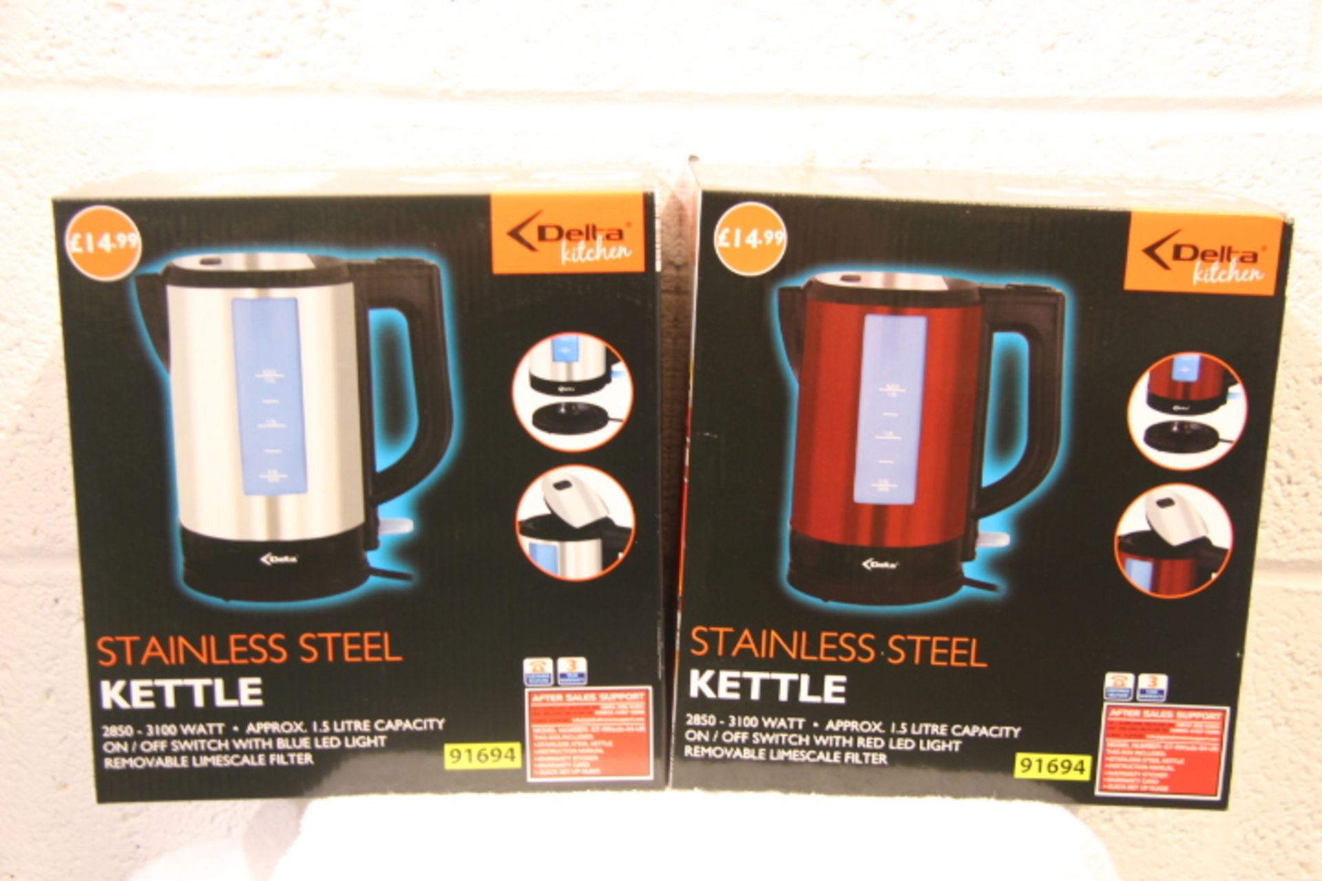 V Brand New Delta Kitchen 2850-3100w 1.5 Litre Stainless Steel Kettle X 2 YOUR BID PRICE TO BE