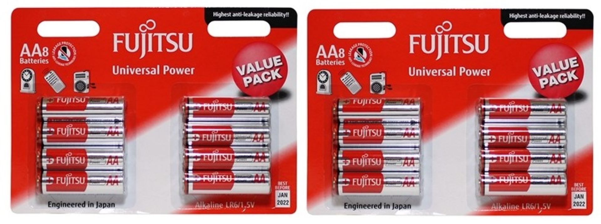 V *TRADE QTY* Brand New Two Packs of Eight Fujitsu AA Universal Power Batteries (16 Batteries in