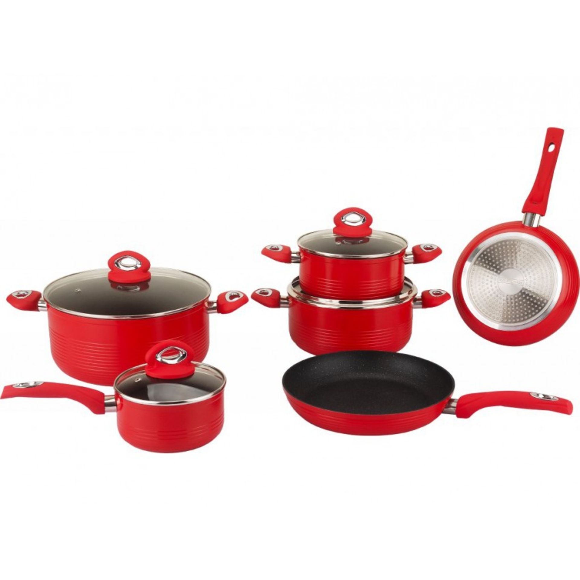 V *TRADE QTY* Brand New Ten Piece Forged Marble Saucepan Set Including Two Frying Pans-Stock Pots