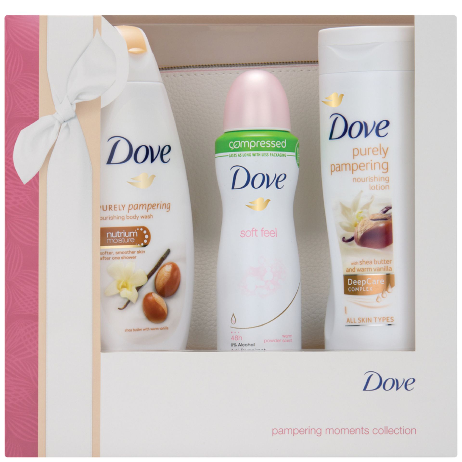 V *TRADE QTY* Brand New Dove Pampering Moments Trio & Washbag Set Includes 3 Full-Size Dove Products