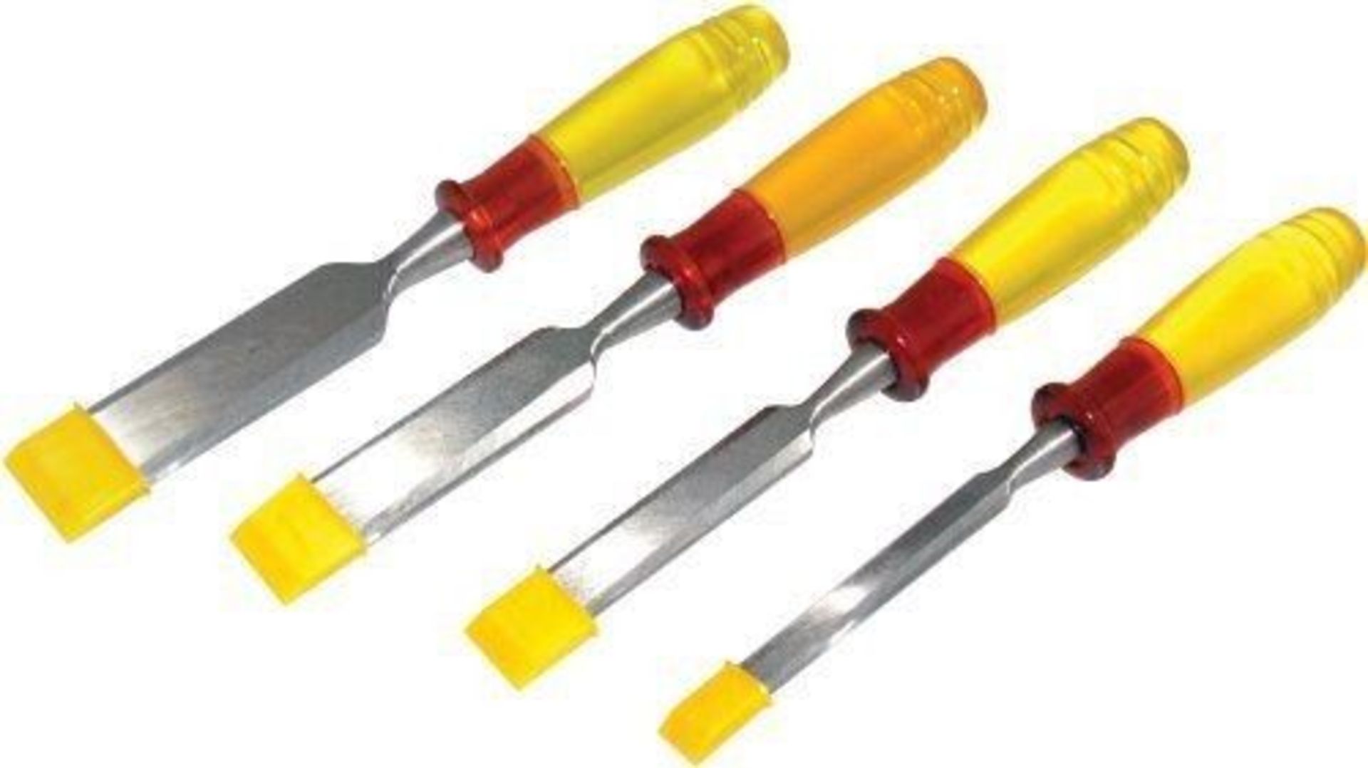 V *TRADE QTY* Brand New 4 Piece Deluxe Chisel Set With Bevel Edged Hardened Steel Blades, Hardened