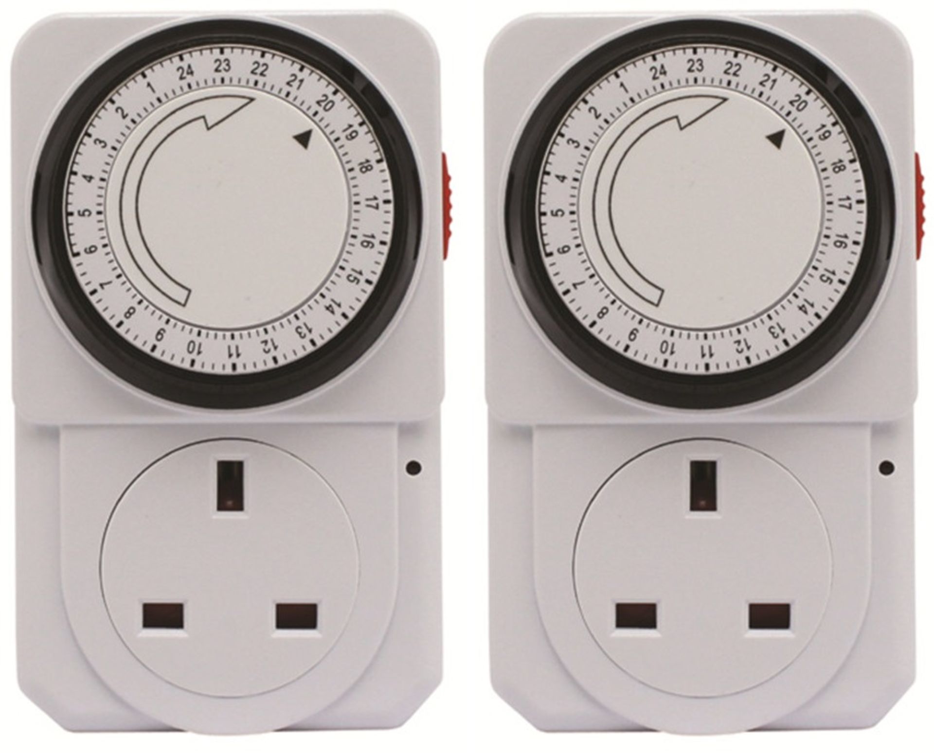 V *TRADE QTY* Brand New Twin Pack Indoor Mechanical Timer Sockets With 24 Hour Timer - 48 Switches