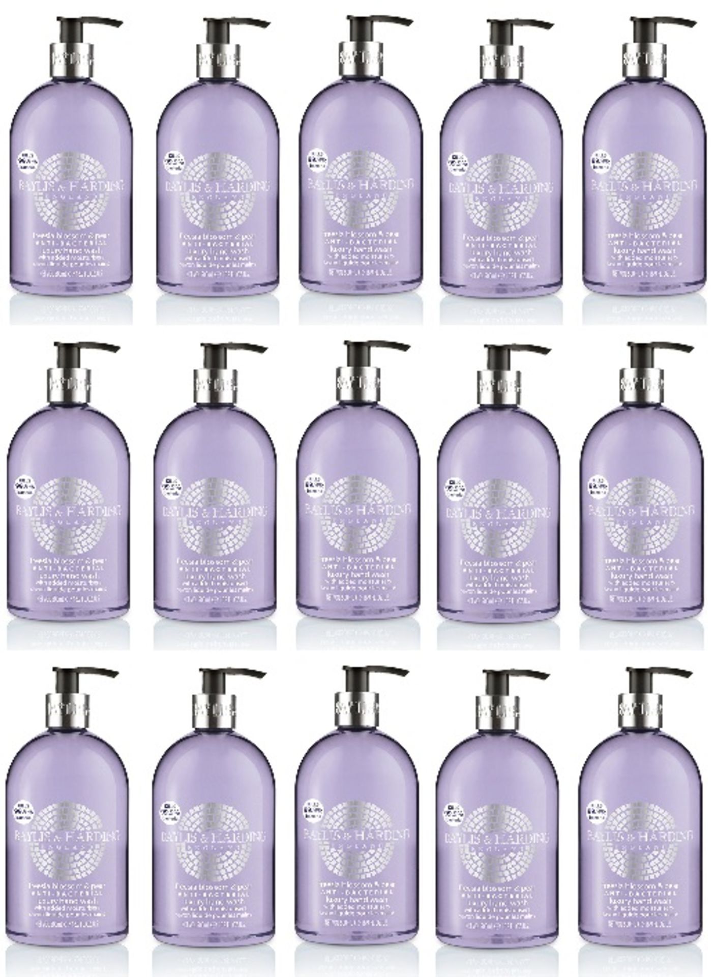 V *TRADE QTY* Brand New 15 x 500 ml Hand Pump Bottles Baylis & Harding Freesia Blossom & Pear Anti-