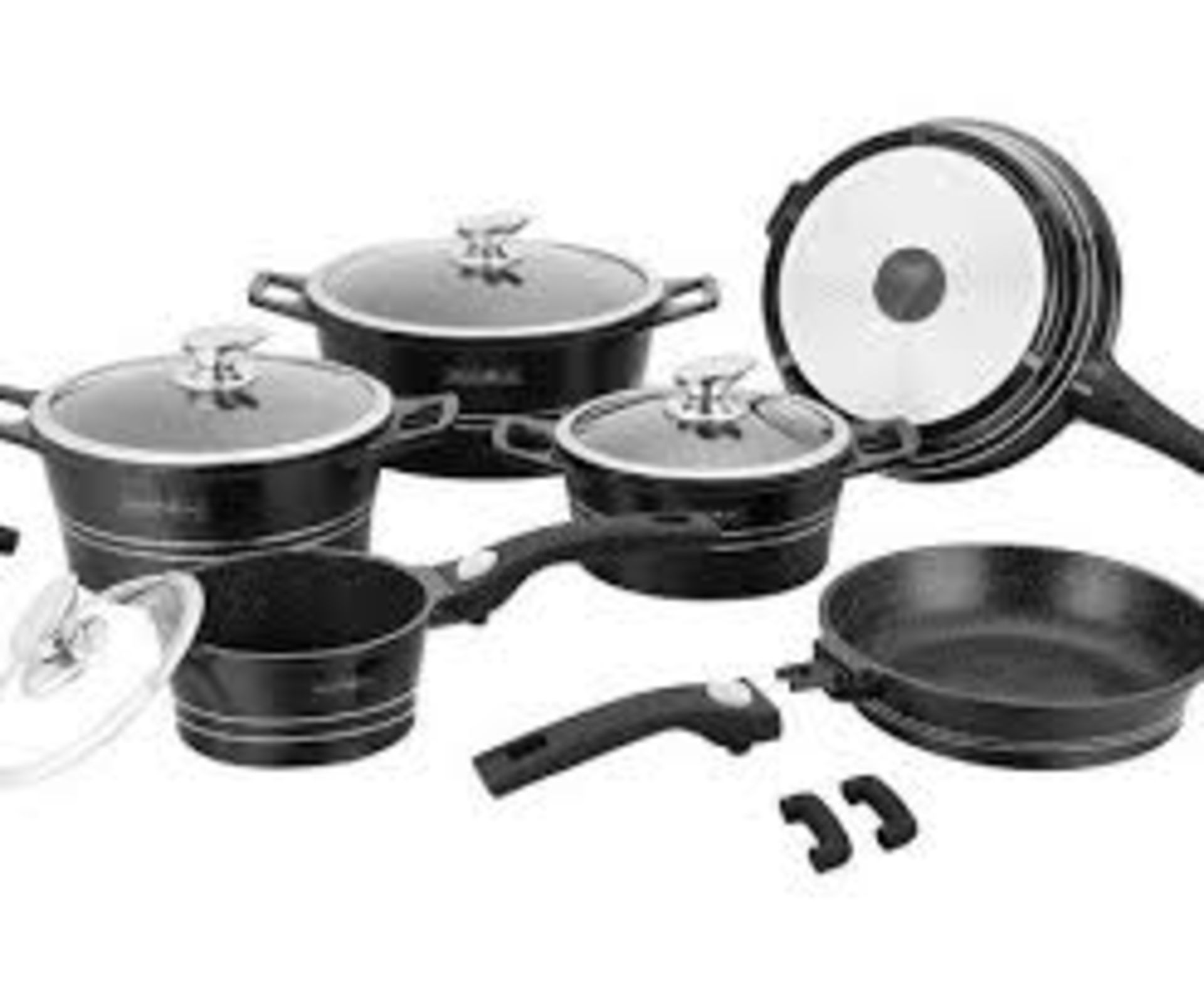 V Brand New Ten Piece Forged Marble Saucepan Set Including Two Frying Pans-Stock Pots ETC