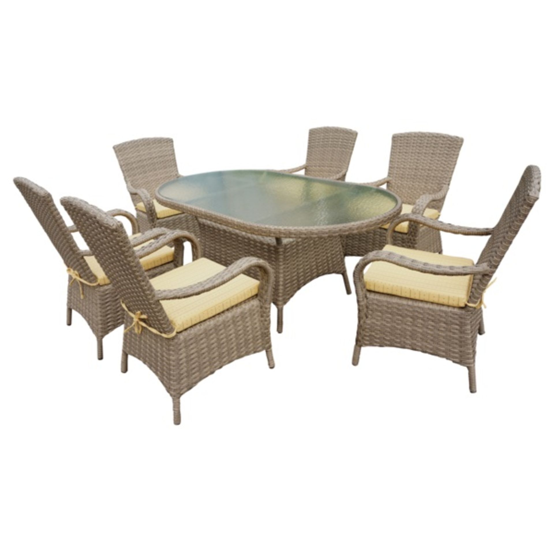 V Brand New BEIGE RATTAN OVAL 180CM TABLE SET WITH 6 CHAIRS & LUXURY OUTDOOR PERFORMANCE CUSHIONS