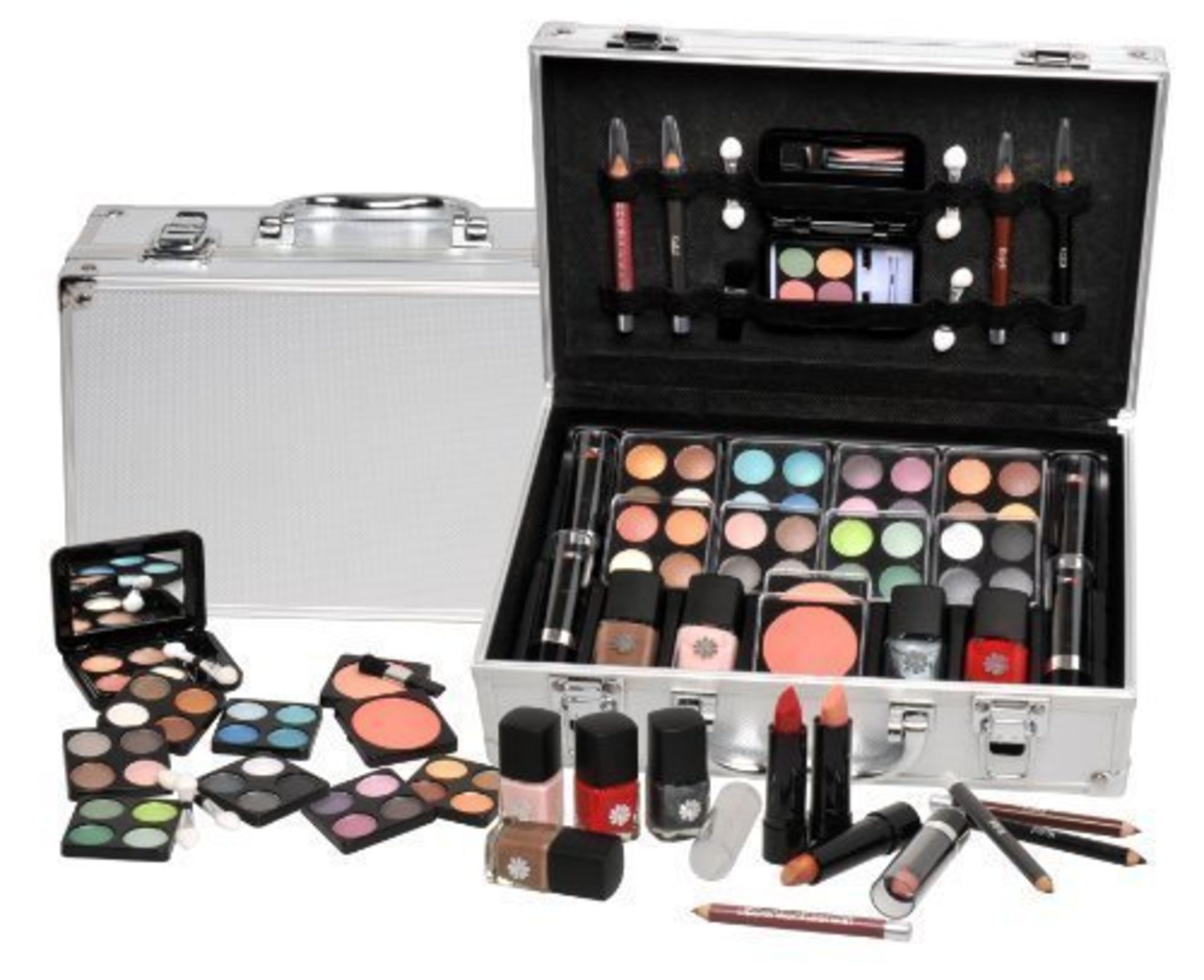 V Brand New Ladies 51 Piece Cosmetic Set In Aluminium Case With Mirror - 32x Eyeshadow - 2x