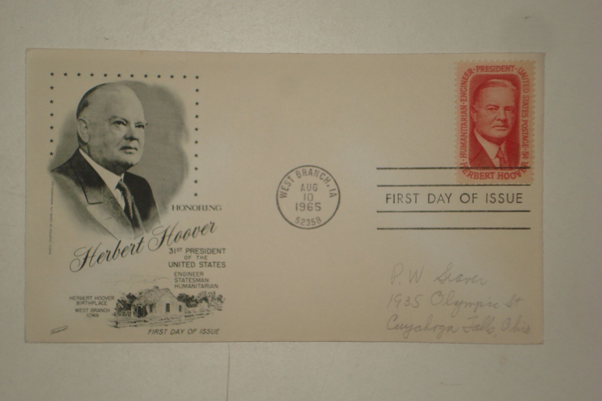 Honoring Herbert Hoover 1965 USA first day of issue commemorative stamp cover