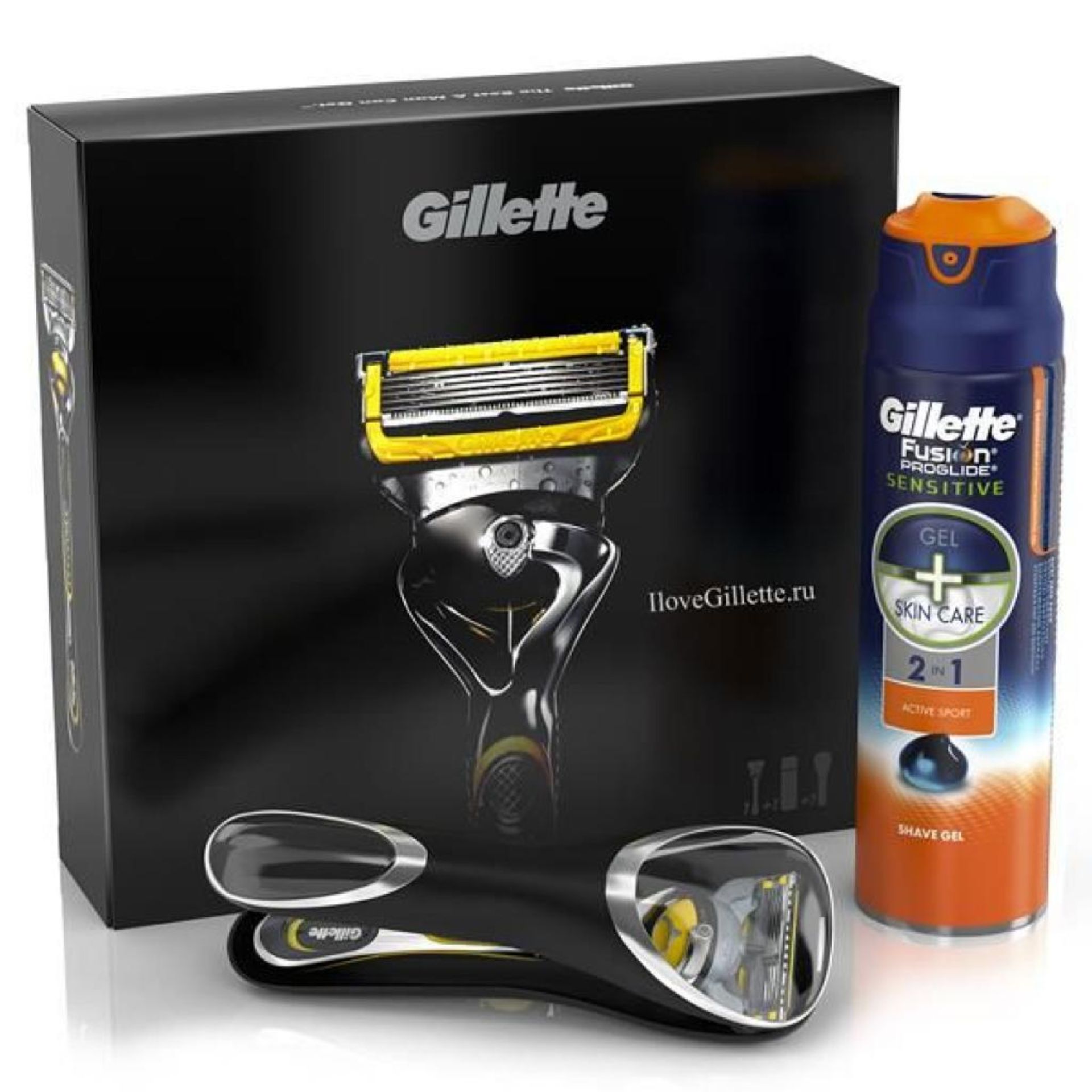 V Brand New Gillette Fusion Proshield Razor & Holder Plus Sensitive Gel + Skincare Active Sport In