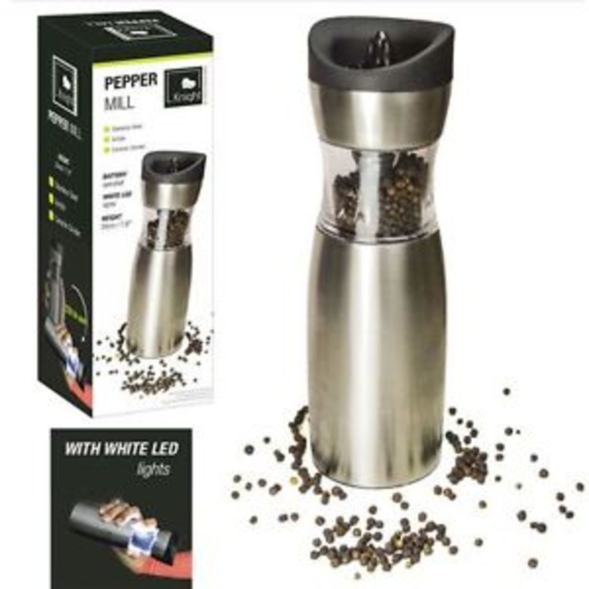 V Brand New 20cm Electronic Pepper Mill With White LED Light Stainless Steel-Acrylic-Ceramic