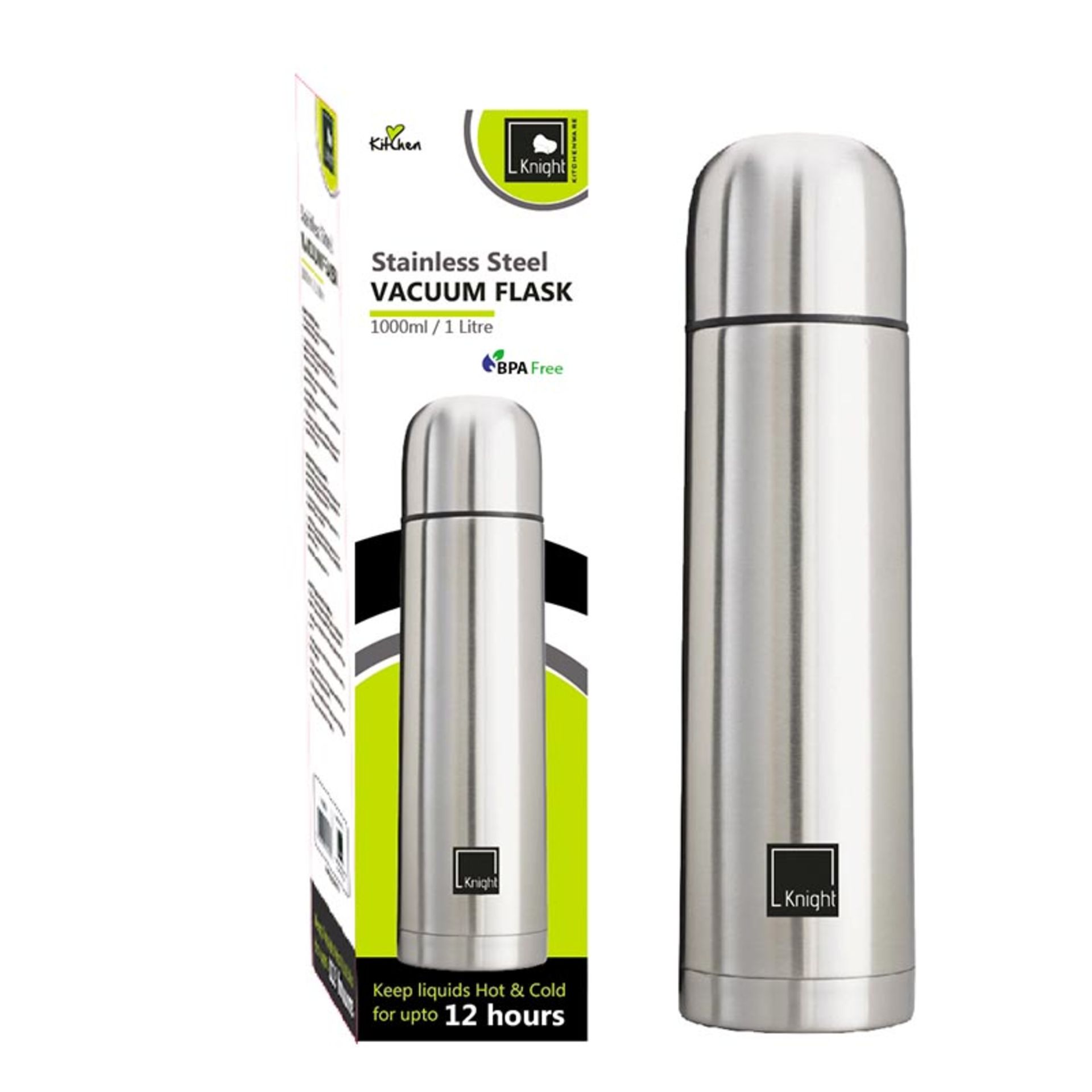 V Brand New Stainless Steel 1000ml/1 Litre Vacuum Flask-Food Grade-One Touch Stopper-Keeps Liquid