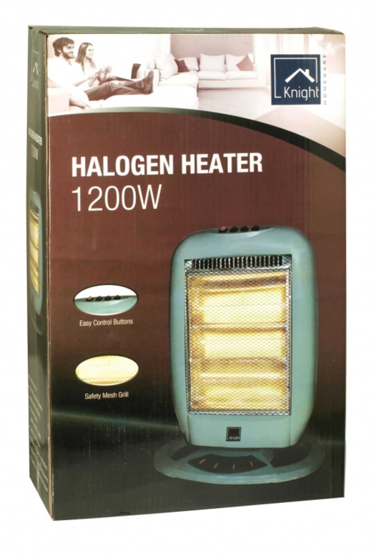 V Brand New 1200W Halogen Heater With Oscillating Feature - Easy Control Buttons and Safety Mesh