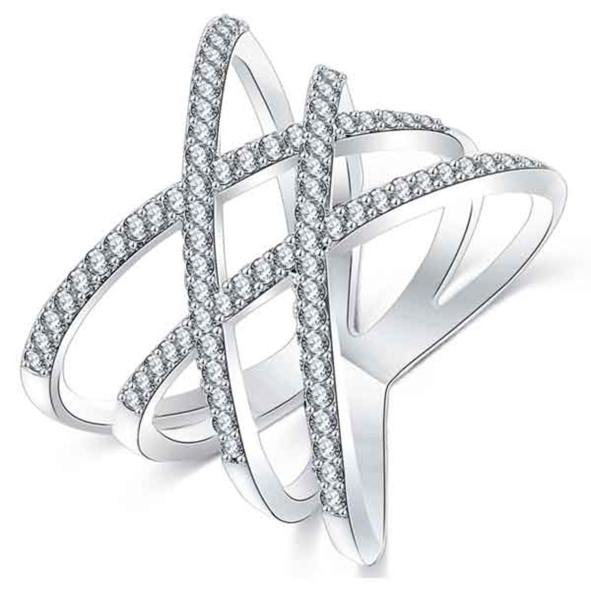 V Brand New Platinum Plated Double Cross Over Style Ring with Swarovski Elements
