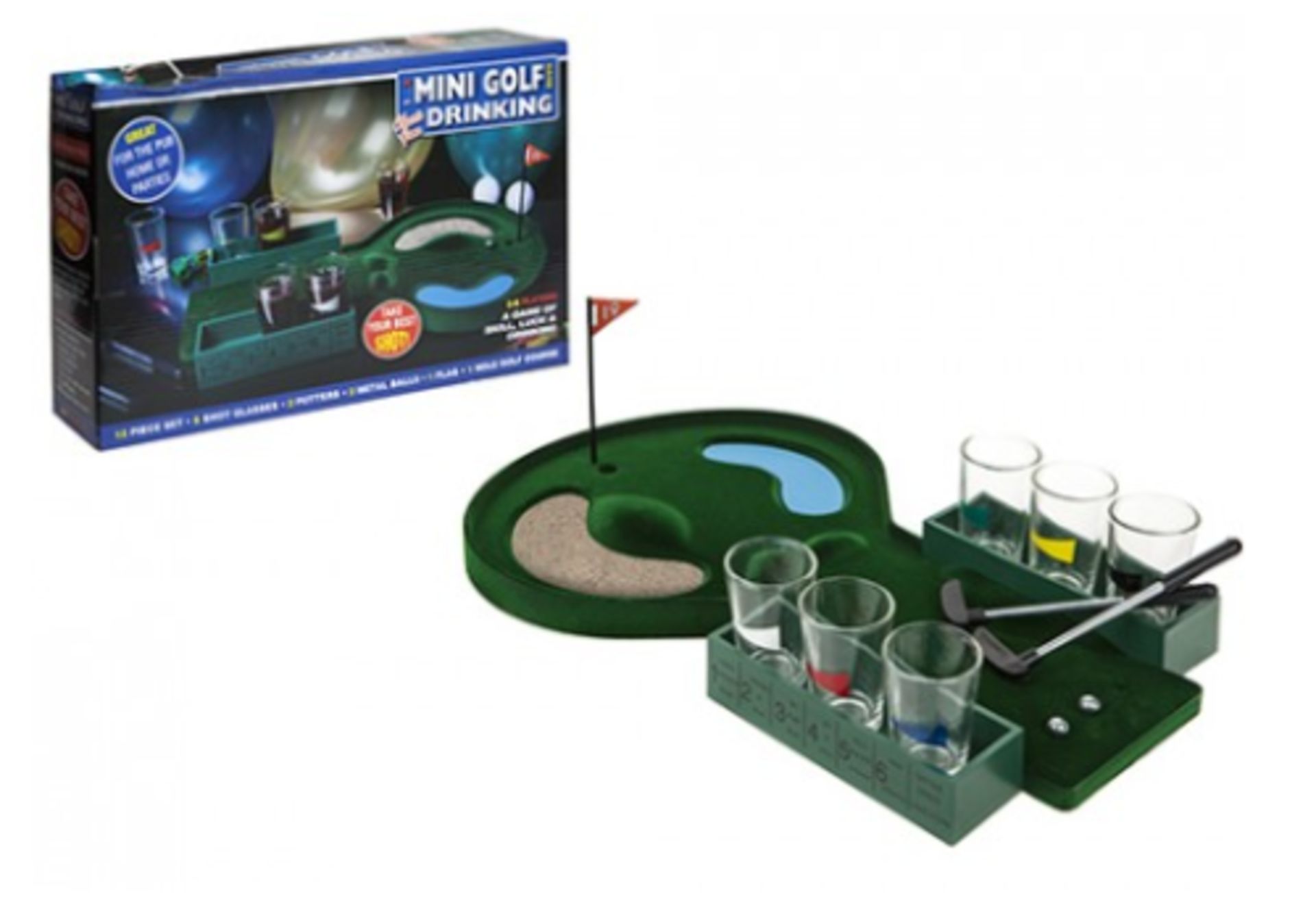 V Brand New 12 Piece Mini Golf Drinking Game - With 6 Shot Glasses - 2 Putters - 2 Metal Balls - 1