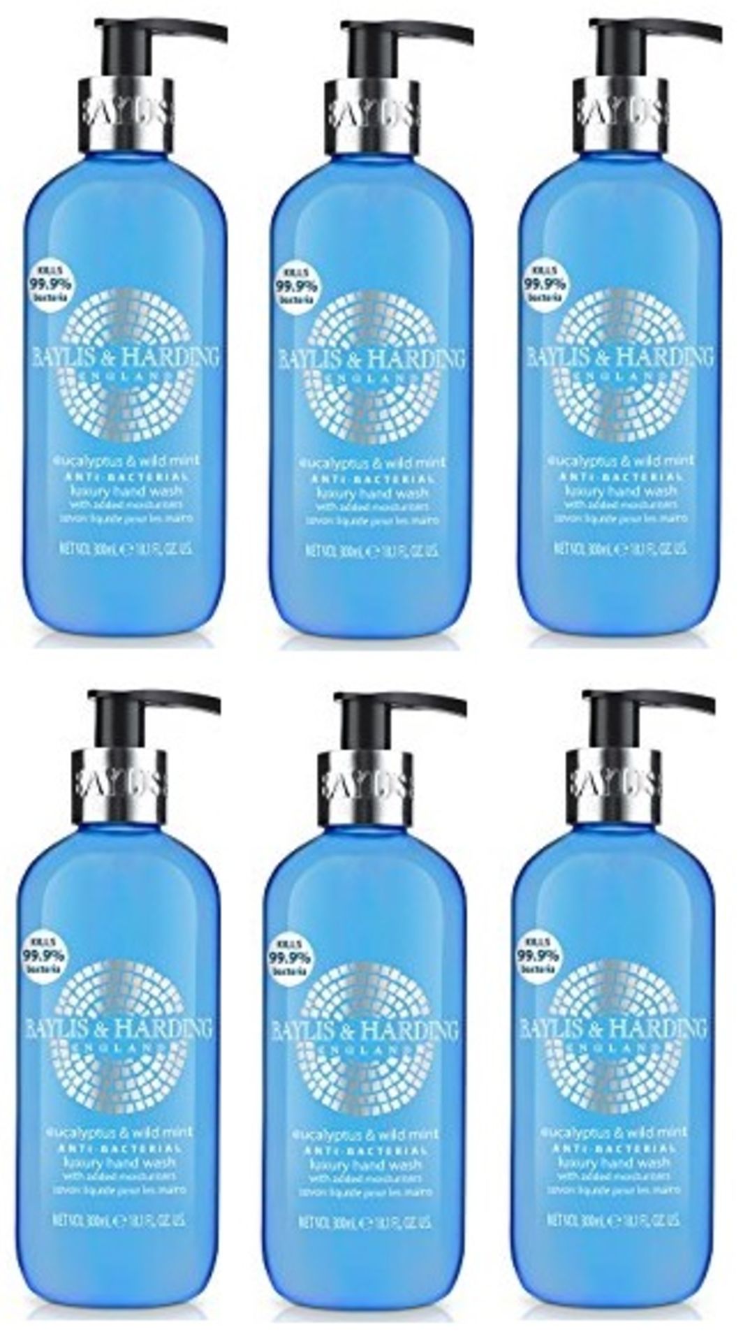 V Brand New 6 x Baylis & Harding Eucalyptus & Wild Mint Anti-Bacterial Luxury Hand Wash 300ml -