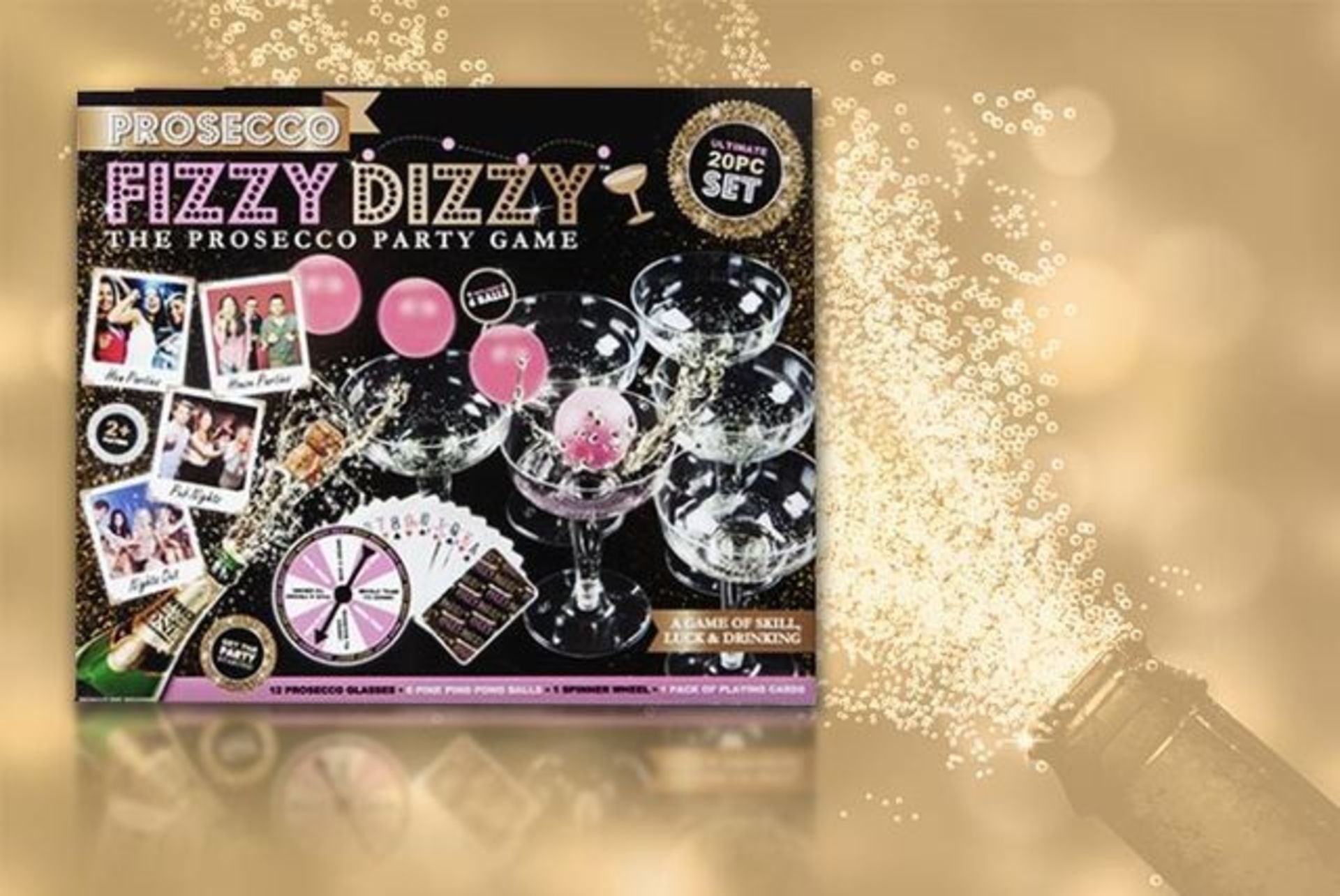V Brand New Ultimate 20pce Fizzy Dizzy Prosecco Party Game-Includes Prosecco Glasses-Pink Ping
