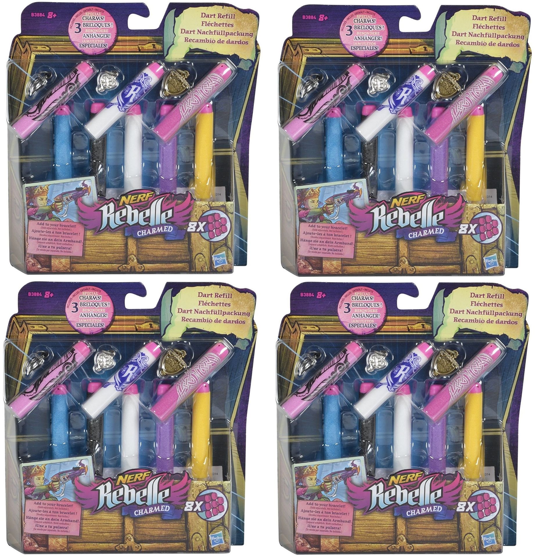 V Brand New 4 Packs Of Nerf Rebelle Charmed 8x Dart Refills With 3 Charms For Your Bracelet - RRP