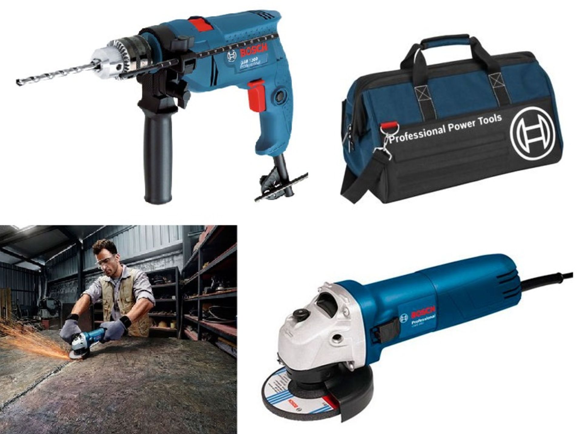 V Brand New Bosch Professional Starter Kit Including GWS 6700 Angle Grinder + GSB 1300 Impact