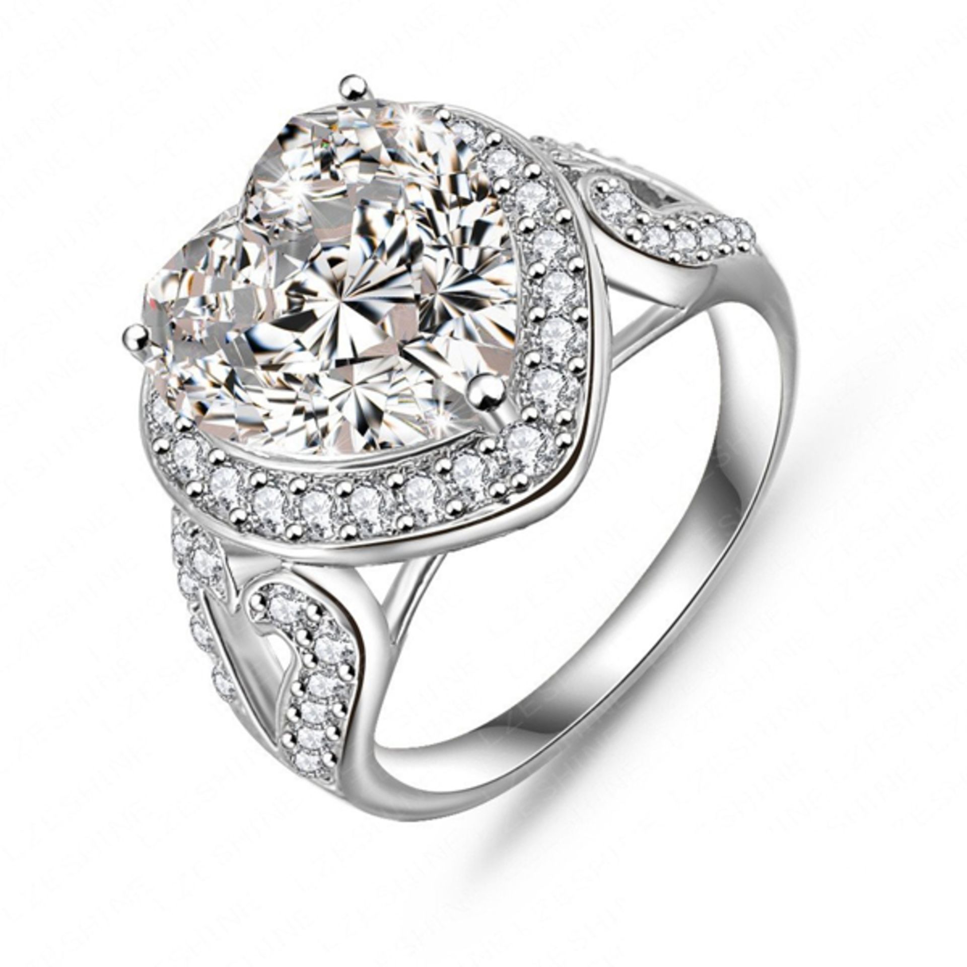 V Brand New Platinum Plated White Stone Heart Shape Ring