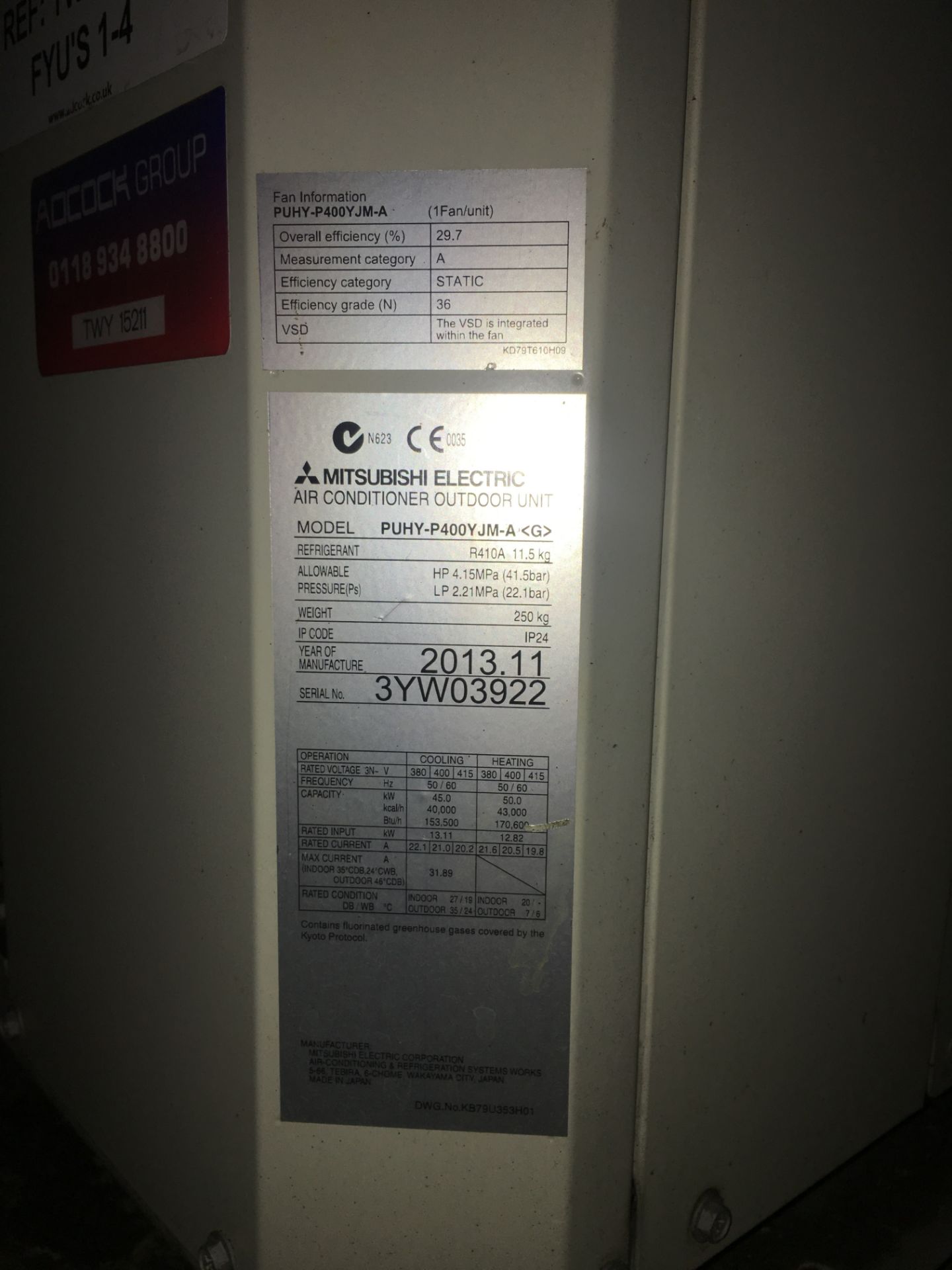 Mitsubishi Electric PUHY-P400YJM-A R410A air-conditioning outdoor unit, Serial No: 3YW03922 (2013) - Image 3 of 11