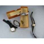 A Hallmarked gold ladies wristwatch A/F, two vintage watches and a Silver watch strap
