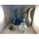 A Large blue glass jug, Studio pottery jug, glass 'censer' style pot and a Mdina glass apple