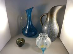 A Large blue glass jug, Studio pottery jug, glass 'censer' style pot and a Mdina glass apple