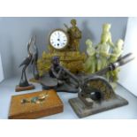 A Gilt mantle clock A/F, Embossing paper stamp and aboriginal figure etc