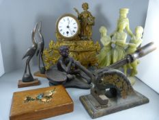 A Gilt mantle clock A/F, Embossing paper stamp and aboriginal figure etc