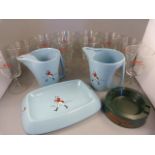 A Wade Ashtray and two matching jugs, one other ashtray and ten Barley Wine, Wine Glasses