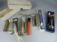 Collector teaspoons and various corkscrews, collector bottle openers etc