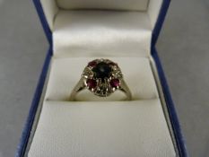 18ct Gold Ring with diamonds, ruby and sapphire (Size M)