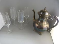 A Silverplated tea pot and four Etched champagne glasses